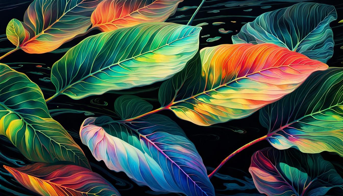 Iridescent Leaf Floating in a Rainbow Pool