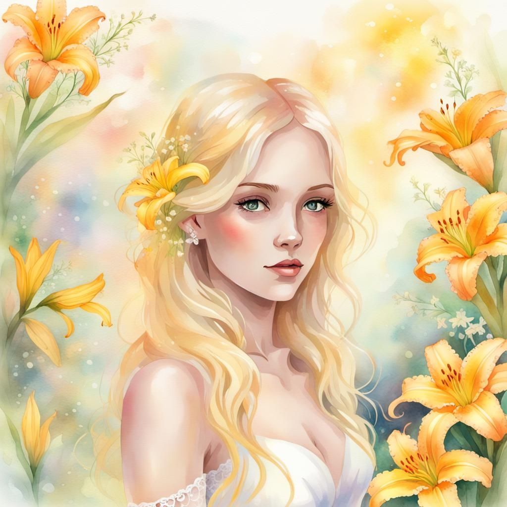 Watercolor Daylilies and a Woman with Flowers