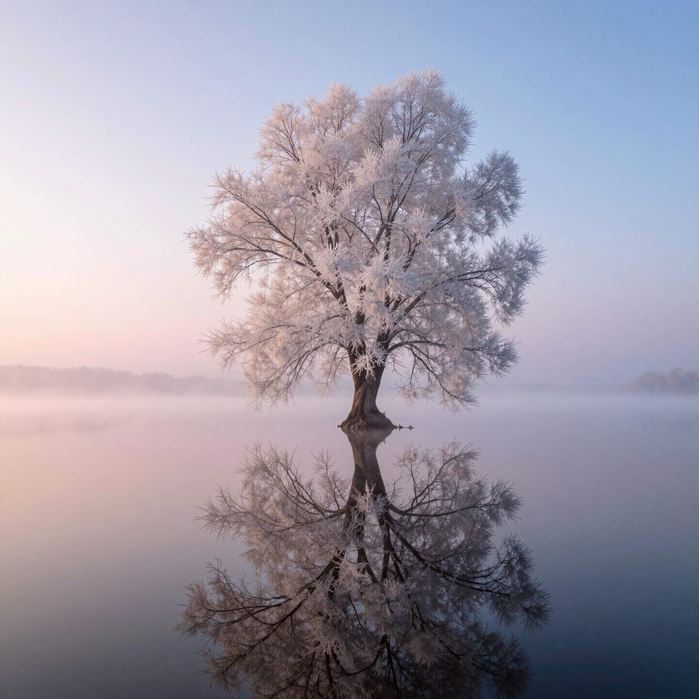 Ethereal Hoarfrost Tree Reflected in Mirror Lake