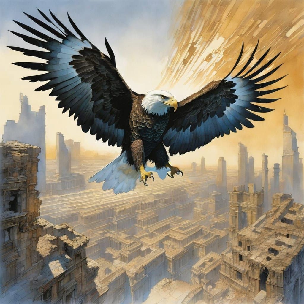 Eagle Soars Over Desert Ruins in Vibrant Colors