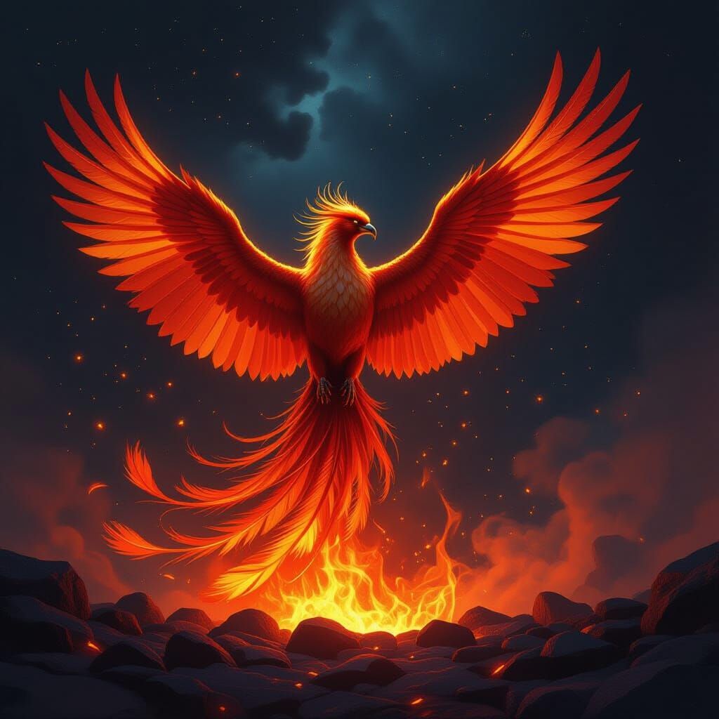 Majestic Phoenix Rises From Embers in Fiery Display