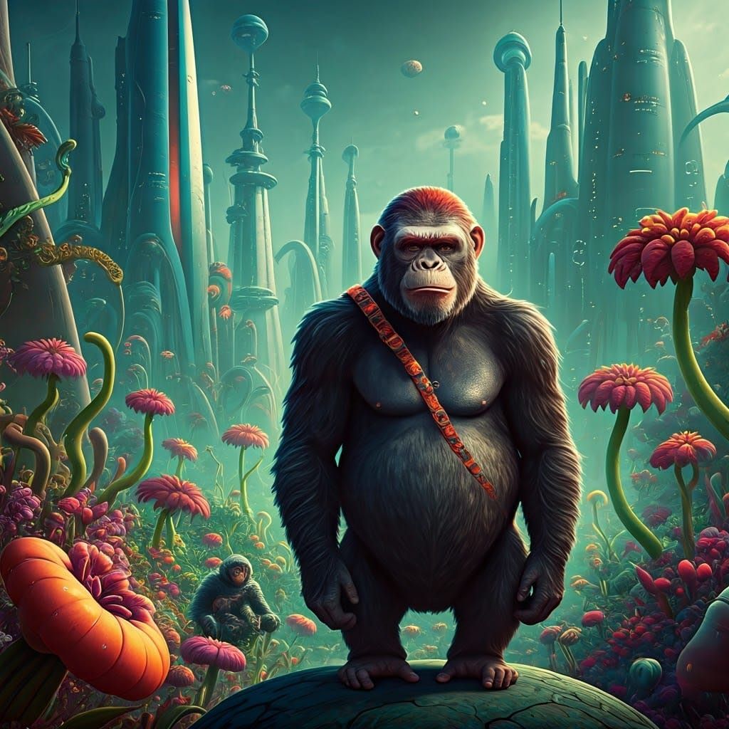 Fantastical Ape Metropolis in Whimsical Sci-Fi Style