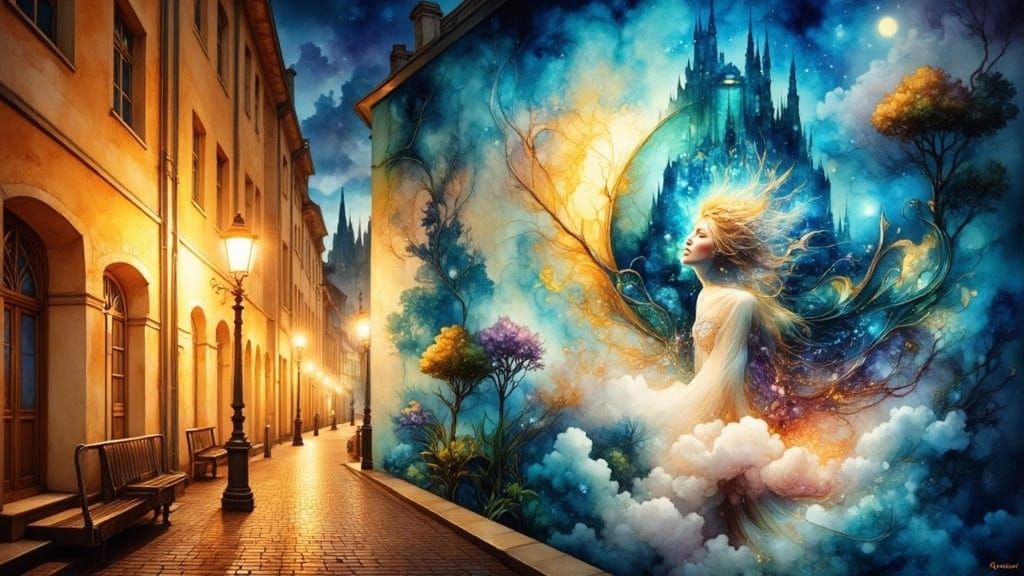 Surreal Dreamscape with Ethereal Woman in Watercolor Style