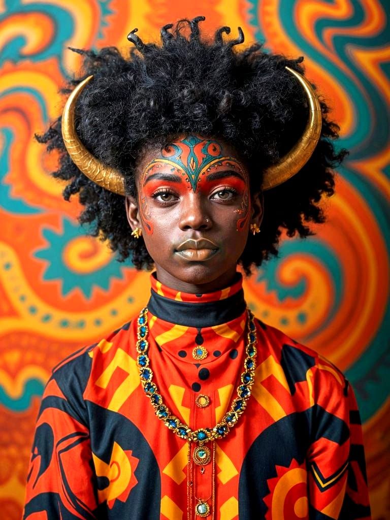 Vibrant Tribal Portrait in Bold Red and Orange