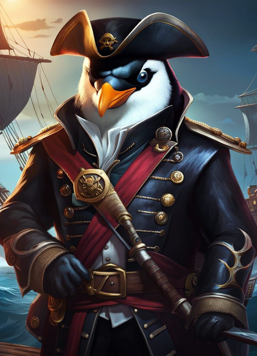 Penguin Pirate Captain in Fantasy Art Style