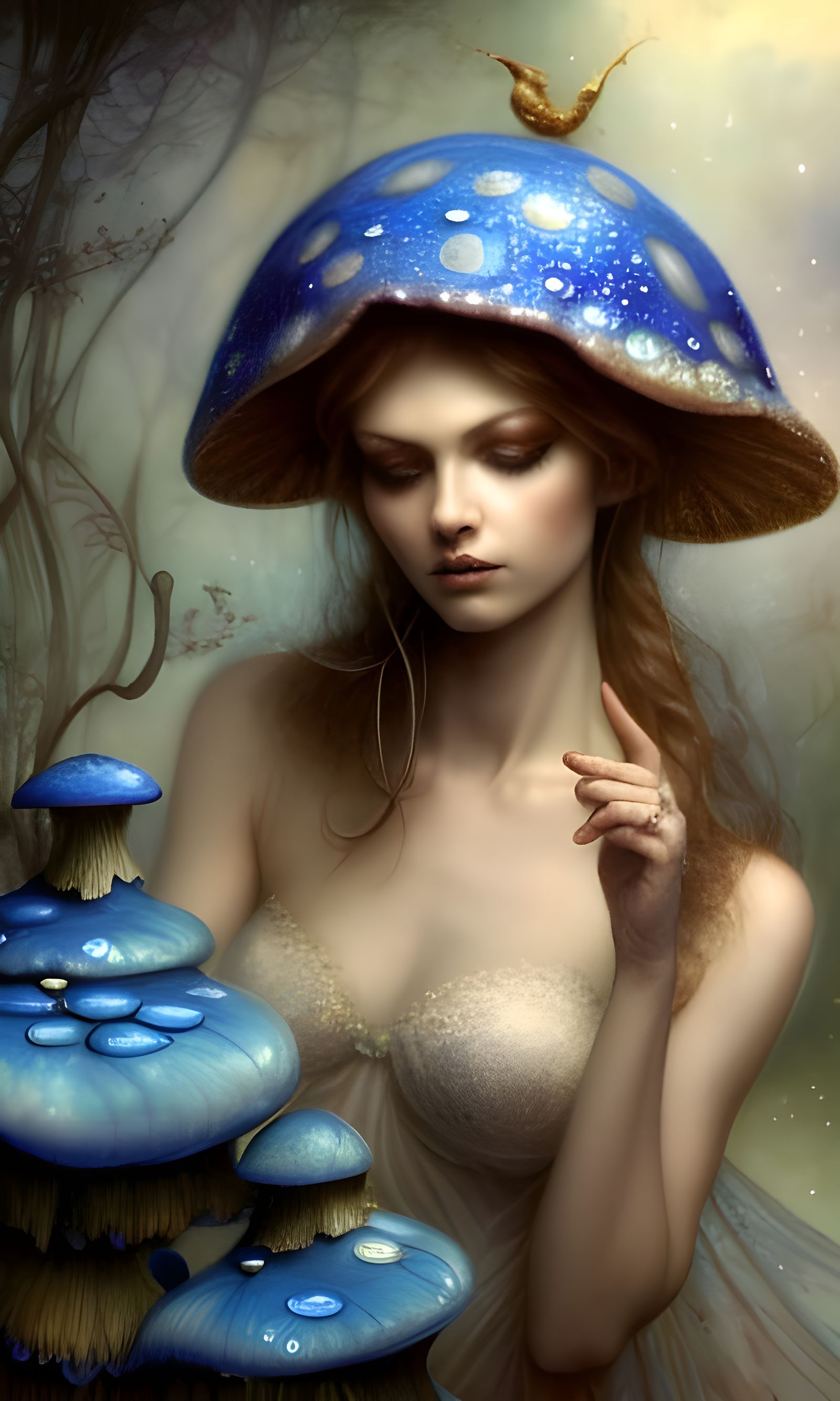 Blue Toadstool Pixie in Dark Fantasy Wonderland