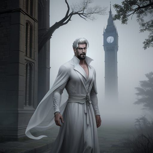 Ethereal Male Ghost Standing Outside a Tower