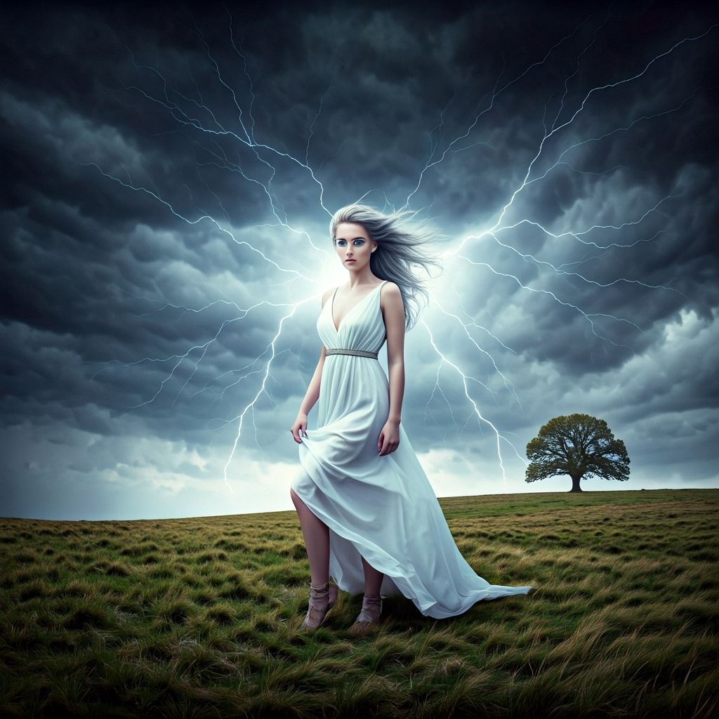 Woman Emerges from Storm Cloud in Photorealistic Style