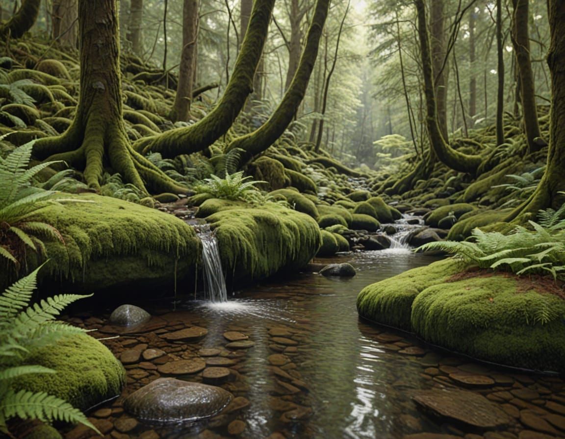 Tranquil Forest Stream with Glowing Moss and Diffused Light