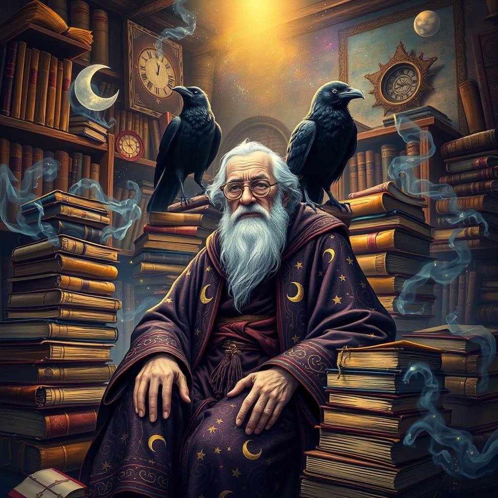 Elderly Wizard in Mystical Study with Black Raven