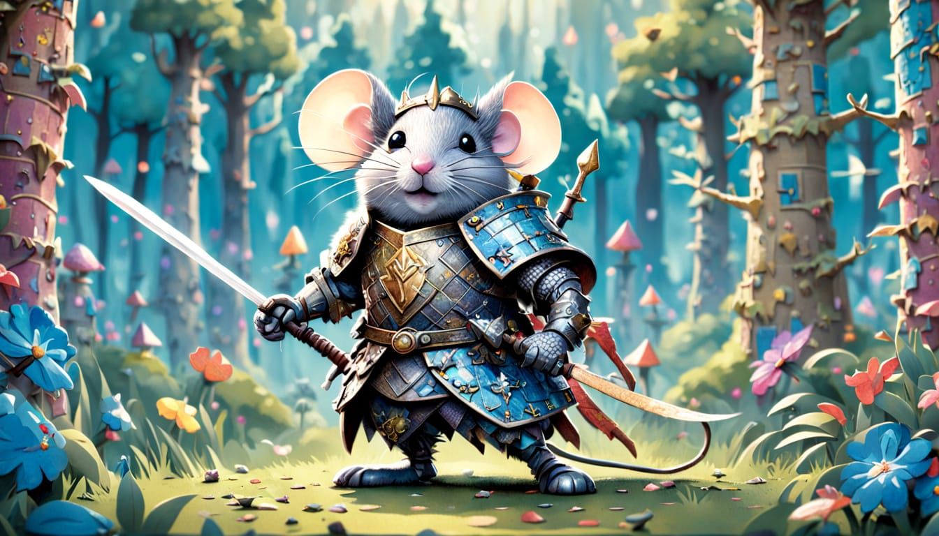Valiant Mouse Knight in Enchanted Forest Illustration