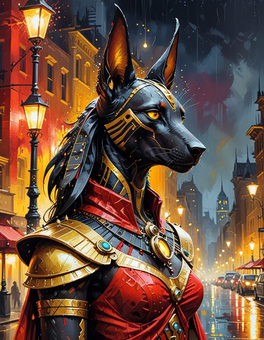 Steampunk Anubis in Vivid Cityscape Oil Painting