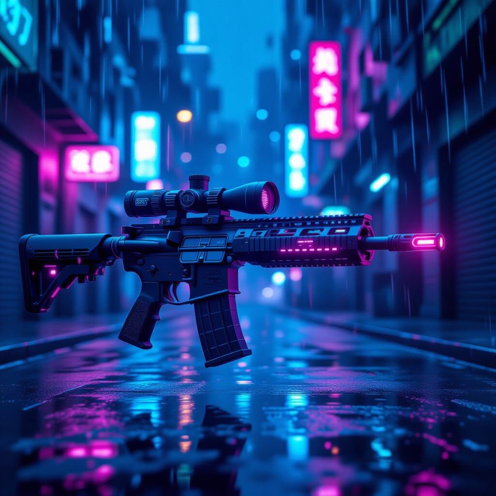 Futuristic Cyberpunk Auto Rifle With Neon Accents