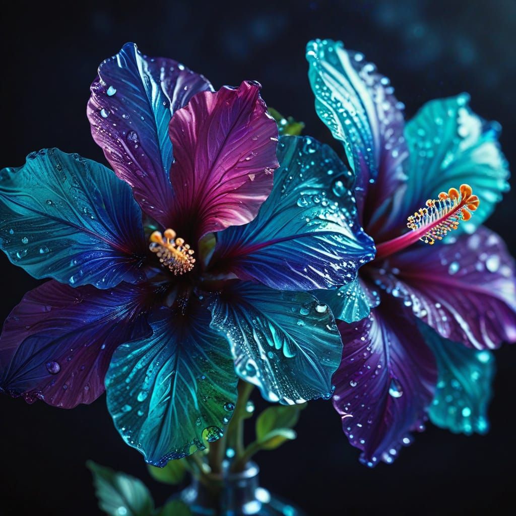 Crystal Hibiscus Flowers in Botanical Art Style