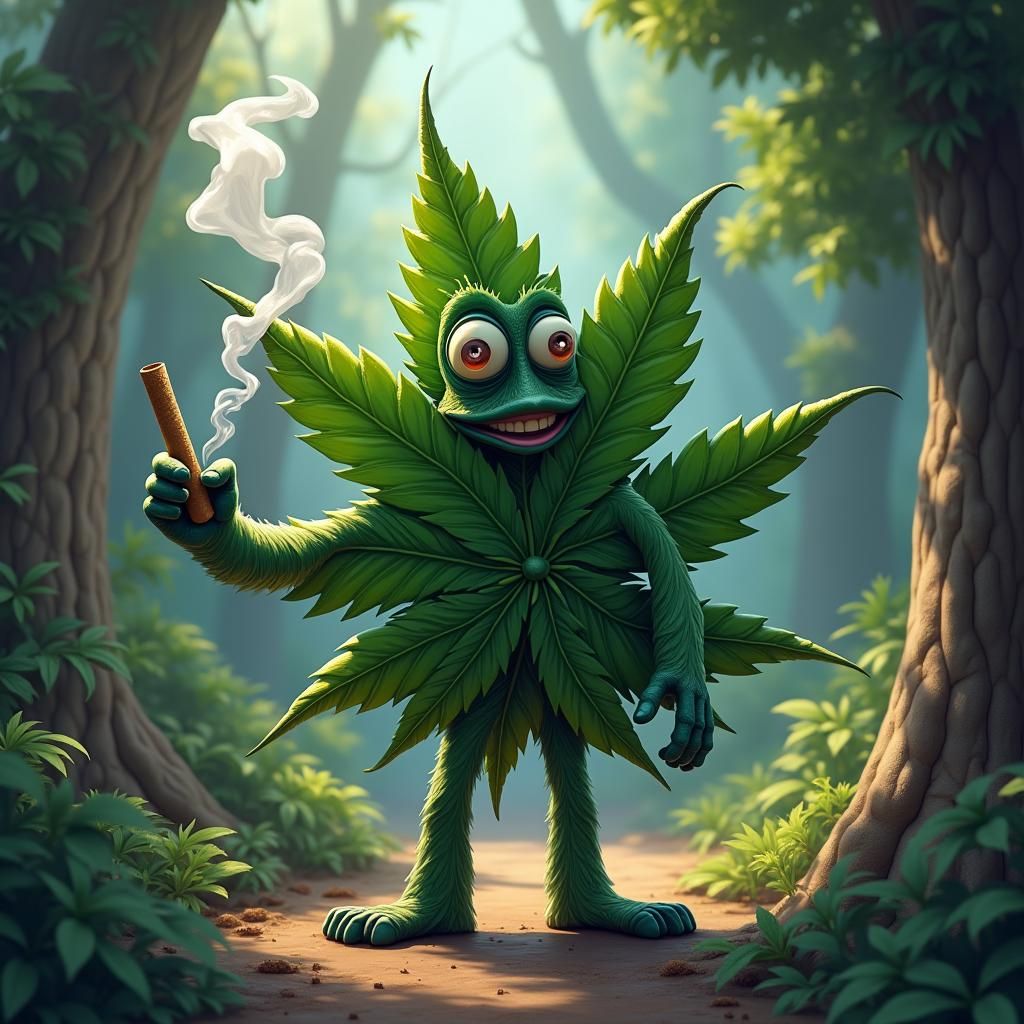 Anthropomorphic Cannabis Leaf Cartoon Character Smoking
