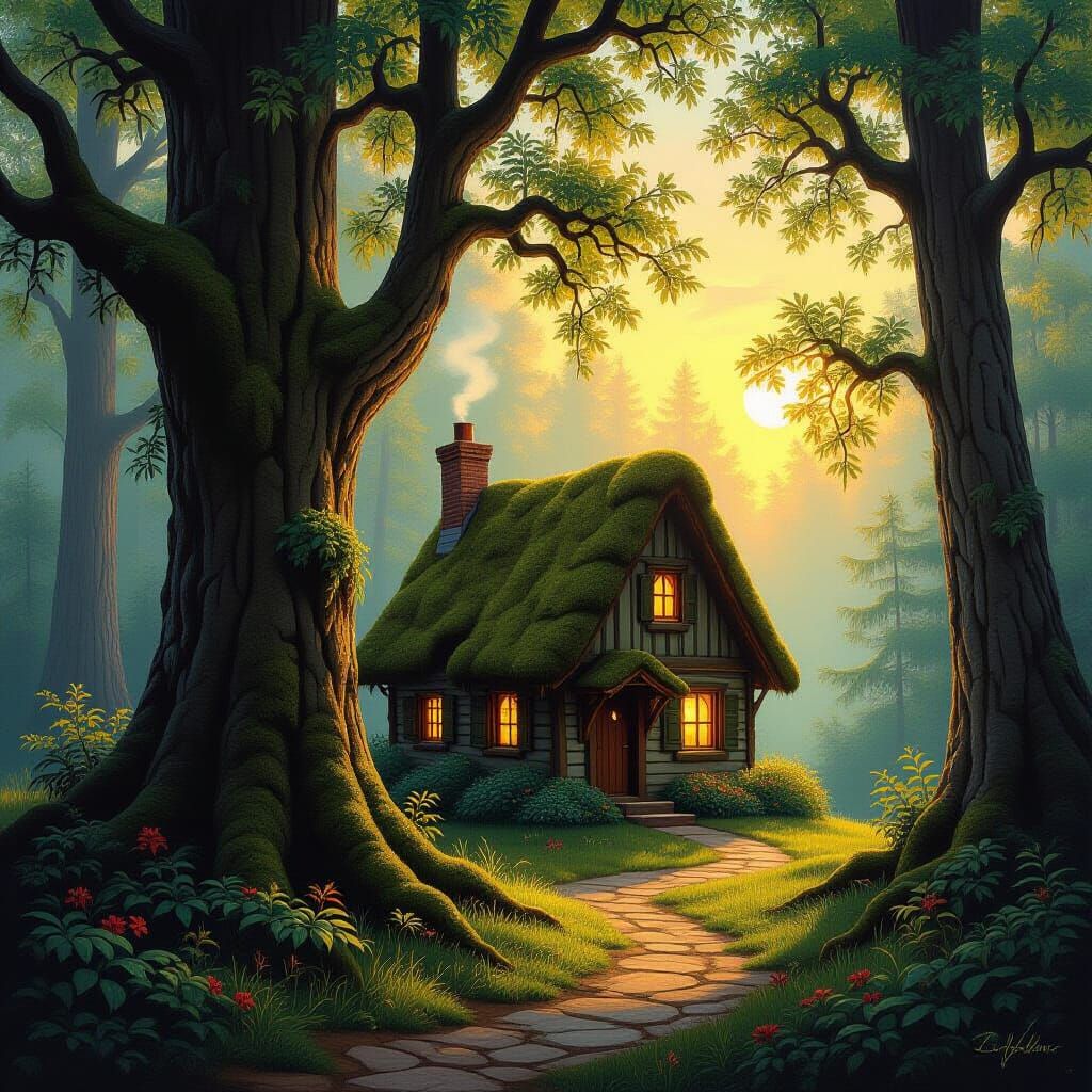 Cozy Rustic Cottage in Enchanted Forest at Sunset