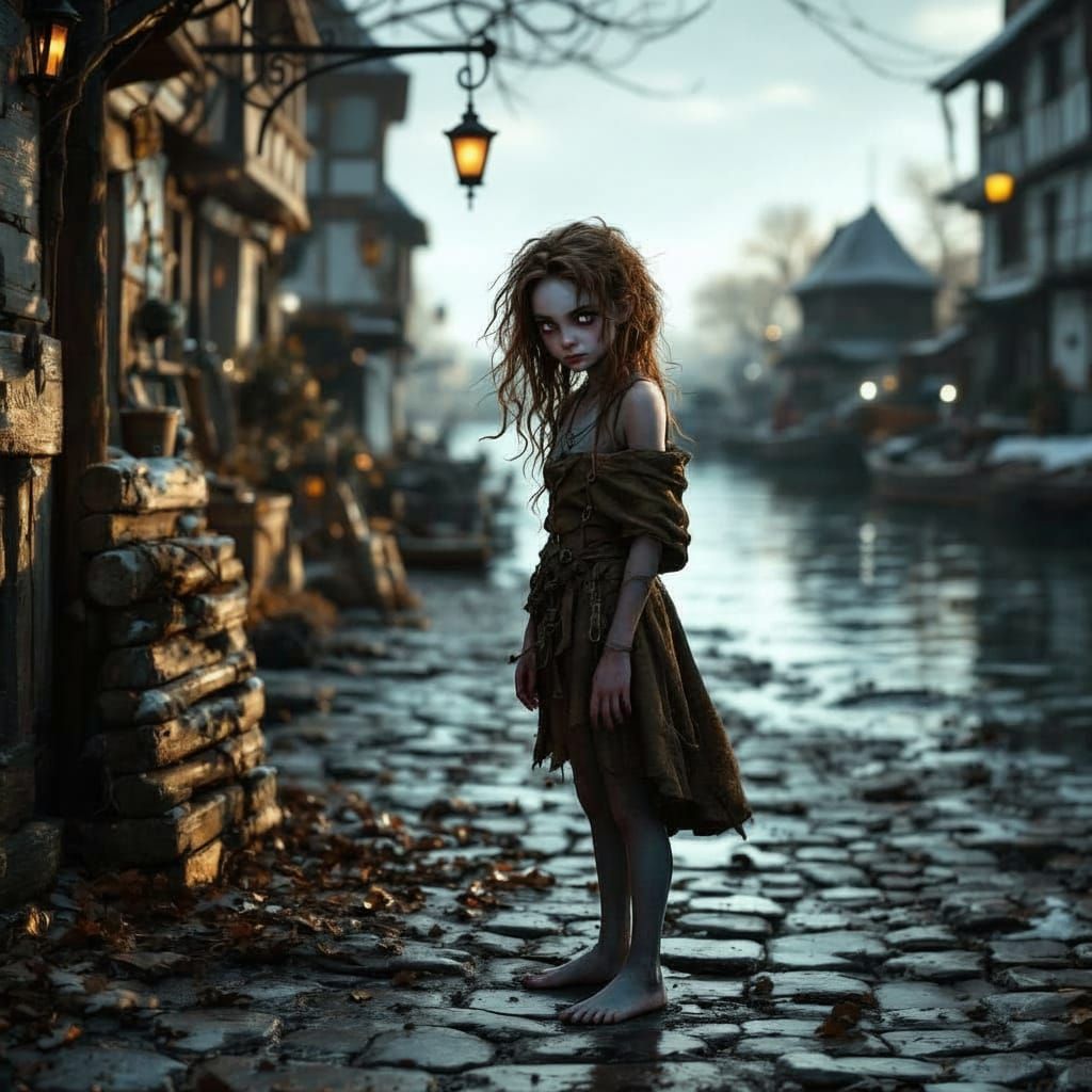 Drow Girl in Muddy Medieval Town
