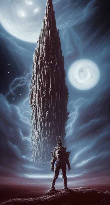 Space Monster and Dark Tower in Surreal Style