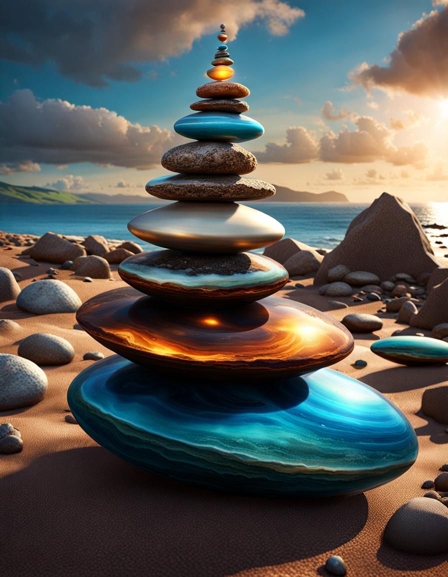 A hand painted cairn with a solar system theme and a beach backdrop