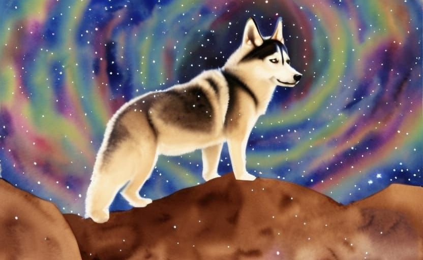 Husky on Mars in Cosmic Watercolor Style