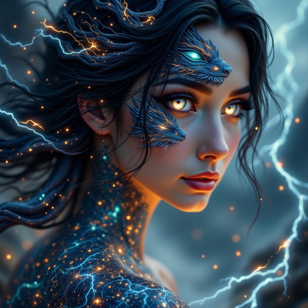 Dragon Tattoo Woman with Bioluminescent Eyes