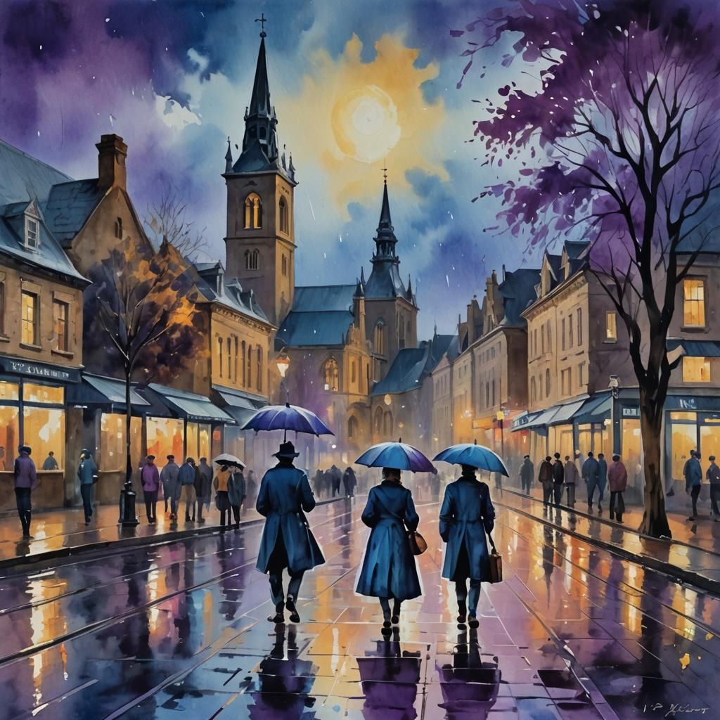 Rainy Night in Old City as Gouache Painting