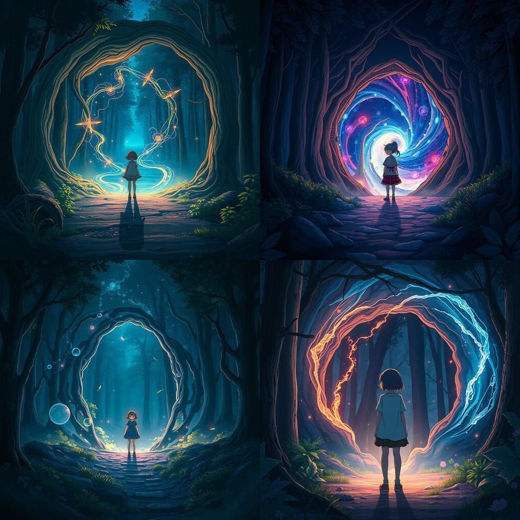 Girl Standing in Front of a Swirling Portal in a Neon Forest