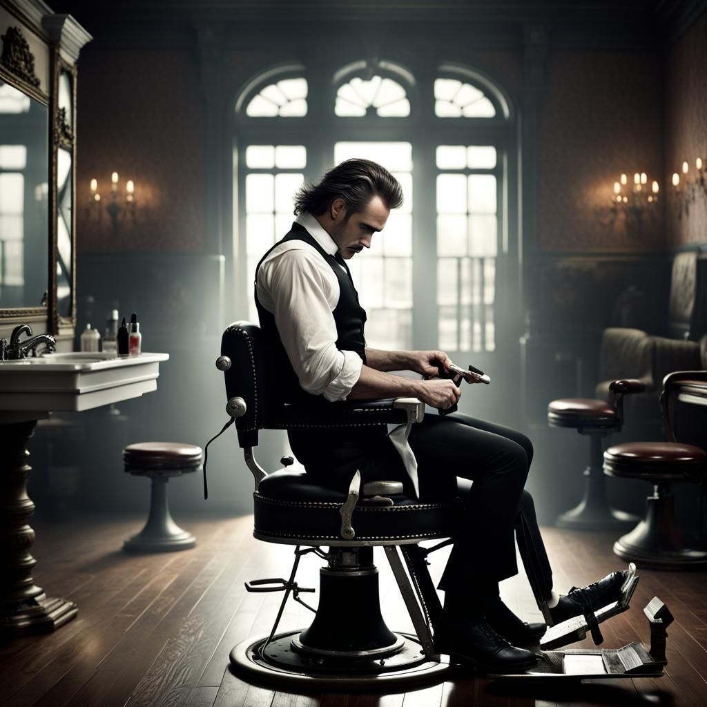 Sweeney Todd Shaving a Customer: Victorian Digital Art