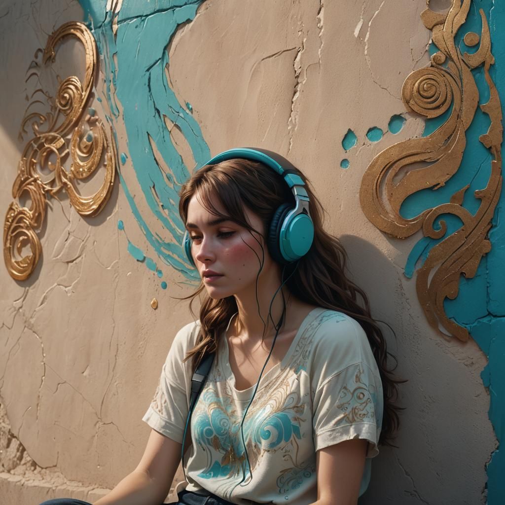 Girl Crying with Headphones: Fantasy Matte Painting