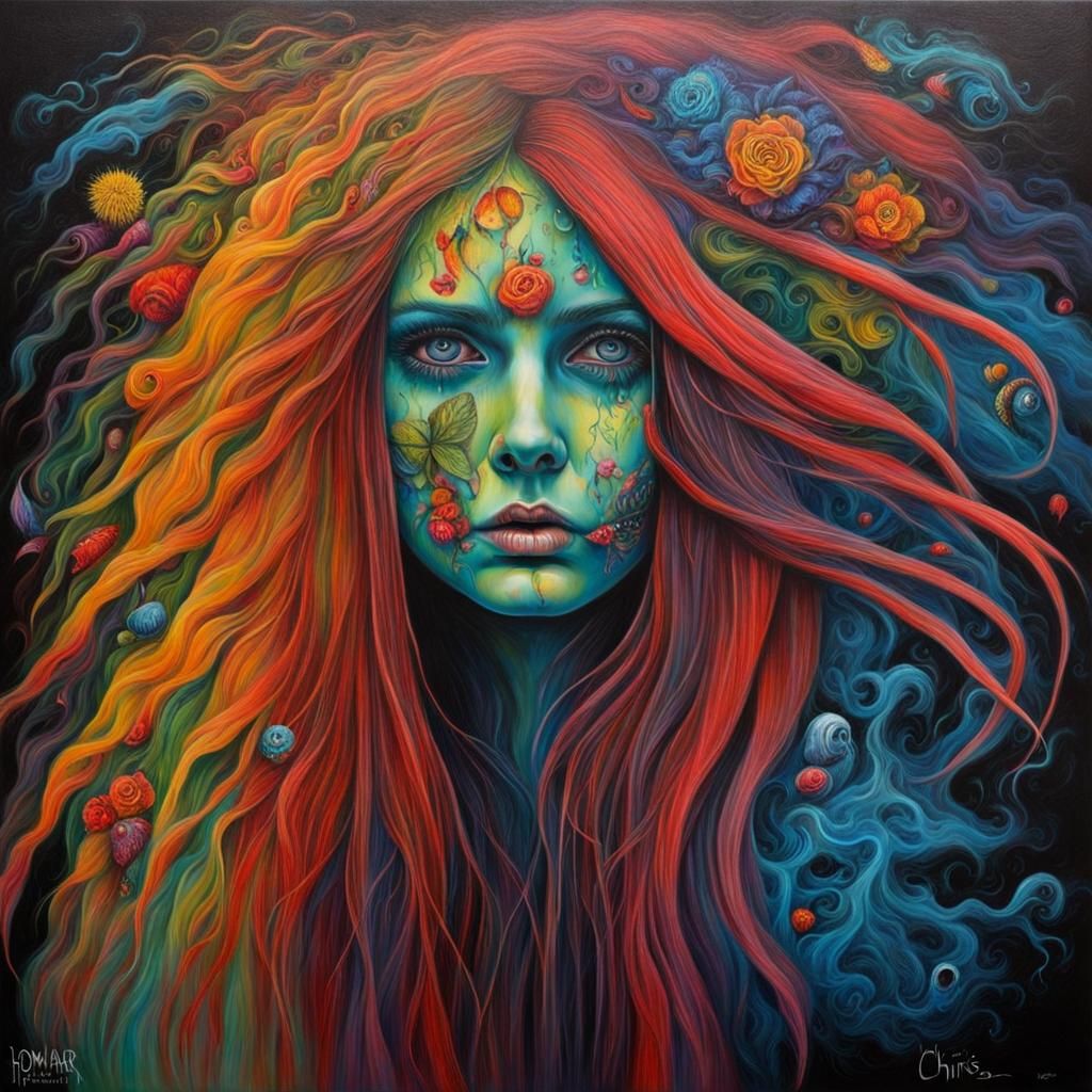 Surreal Long-Haired Woman in Oils and Pastels