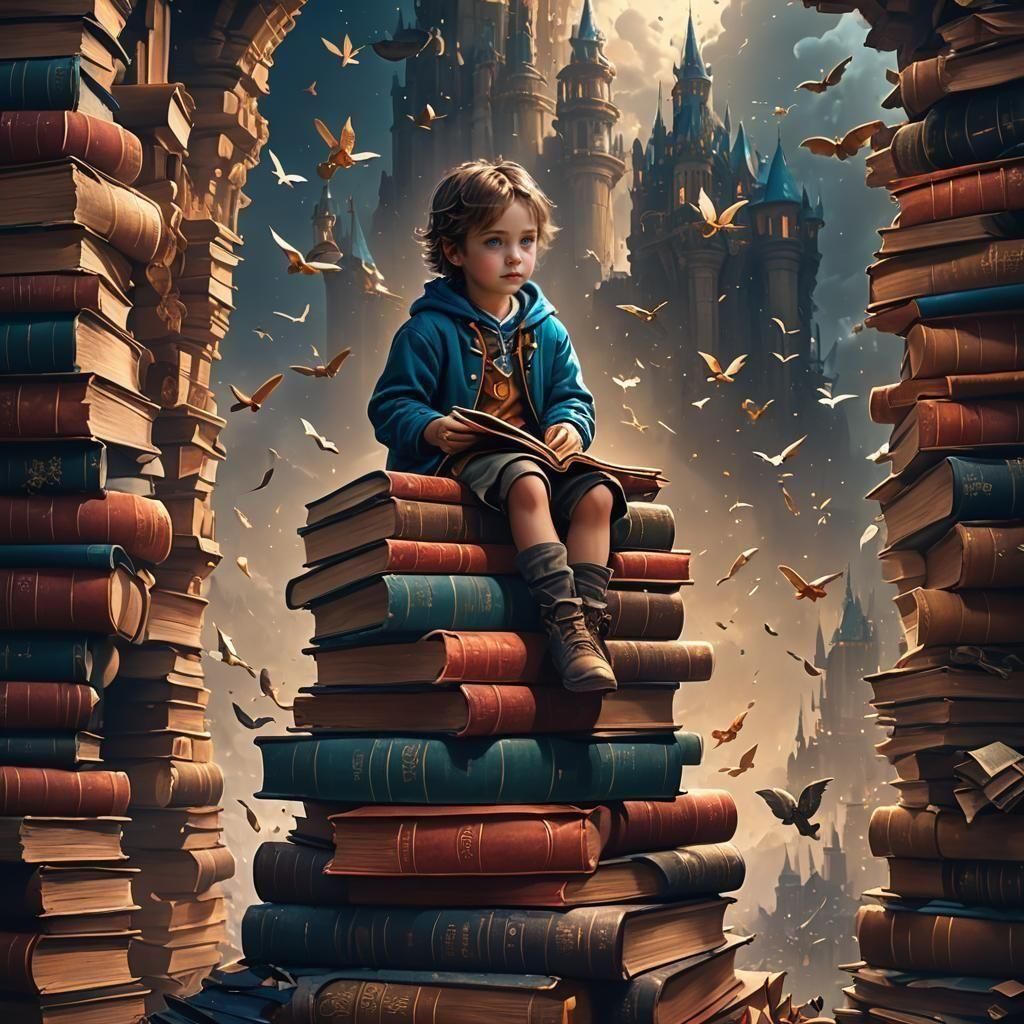 Dreaming Child on Books, Detailed Matte Painting