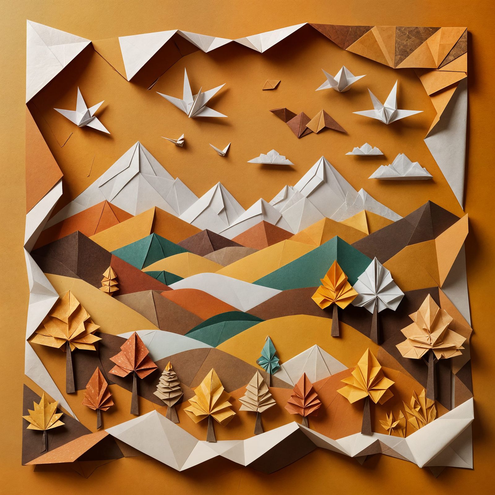Autumnal Collage Landscape in Origami Papercraft Style