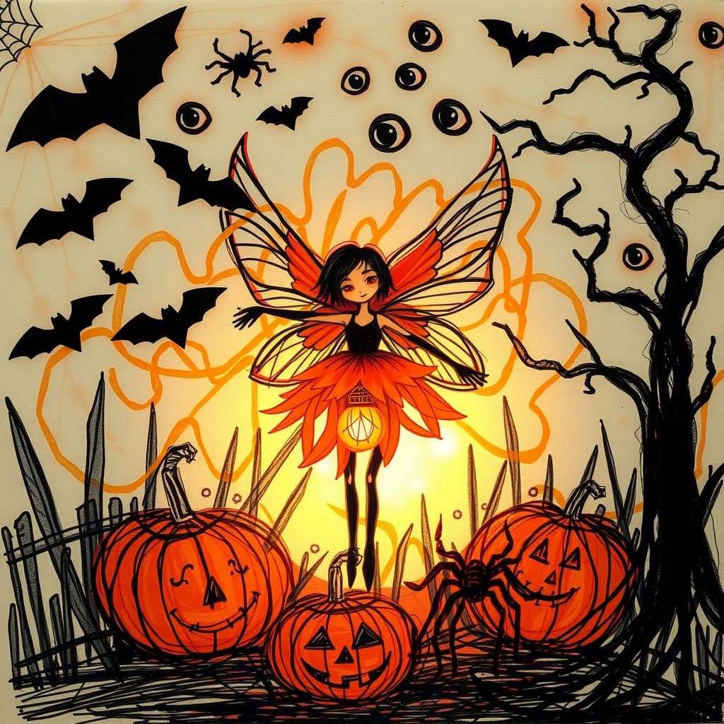 Surreal Child's Halloween Crayon Drawing in Rayograph Style