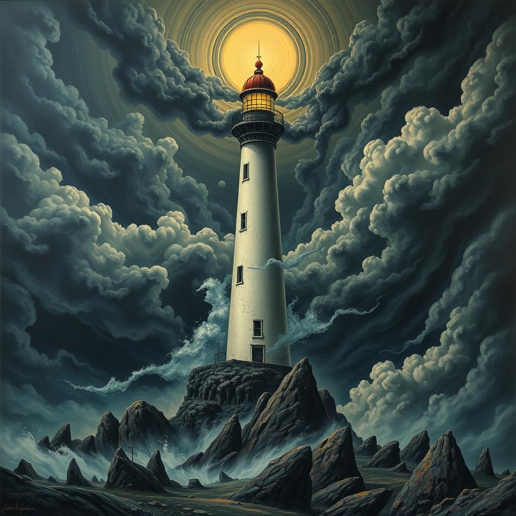 Dystopian Art Deco Lighthouse in Heavy Metal Style