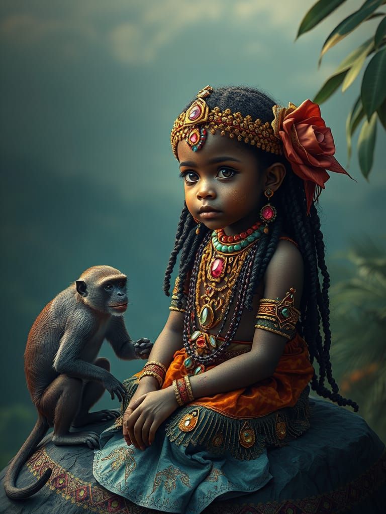 Jeweled Girl and Monkey in Ghana, Intricate and Maximalist