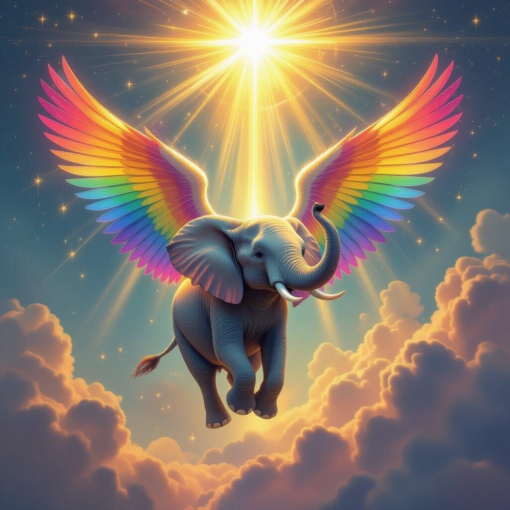 Ethereal Elephant Ascends to Heaven with Rainbow Wings