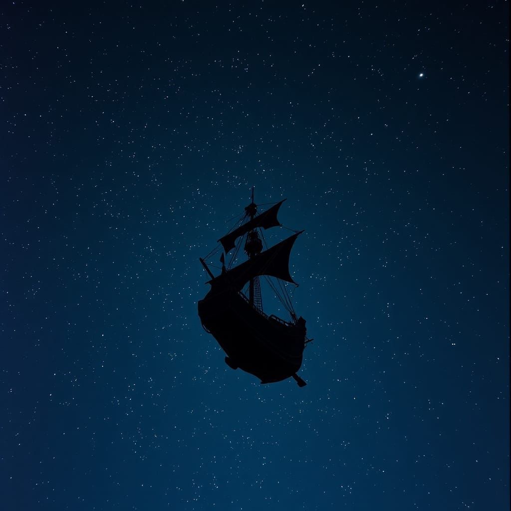 Black Pirate Ship Soaring Through Starry Night