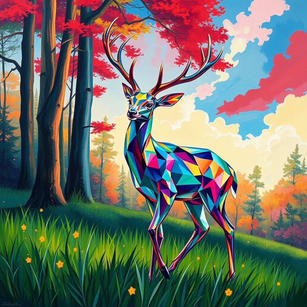 Majestic Crystal Deer in Vibrant Forest Landscape