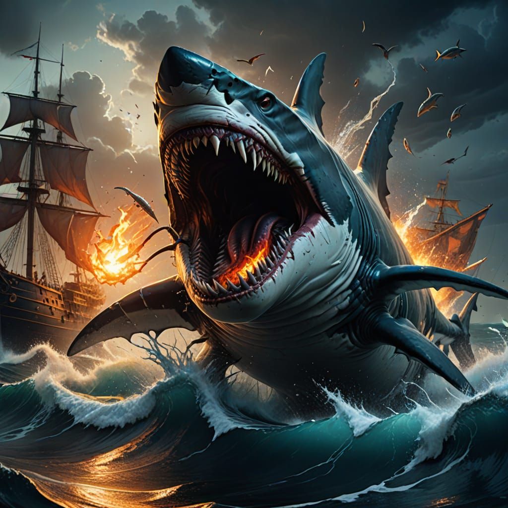 Giant Shark Attacks Sailing Ship in Epic Fantasy Scene