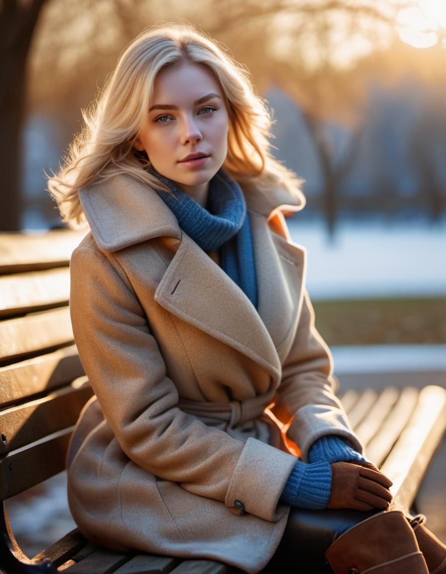 Blonde in Winter Coat on Park Bench Portrait