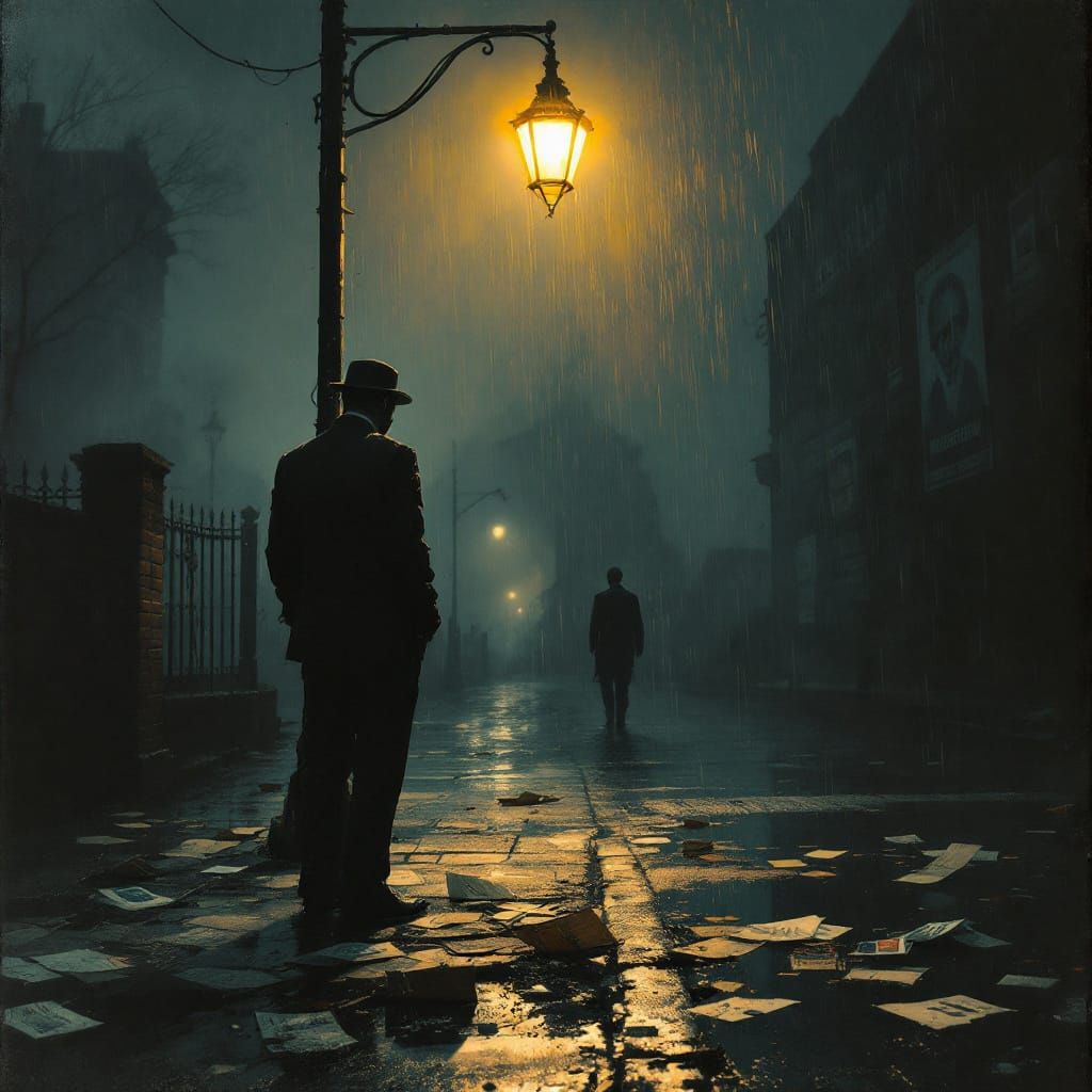 Desolate Figure Waits in Surreal Noir Scene