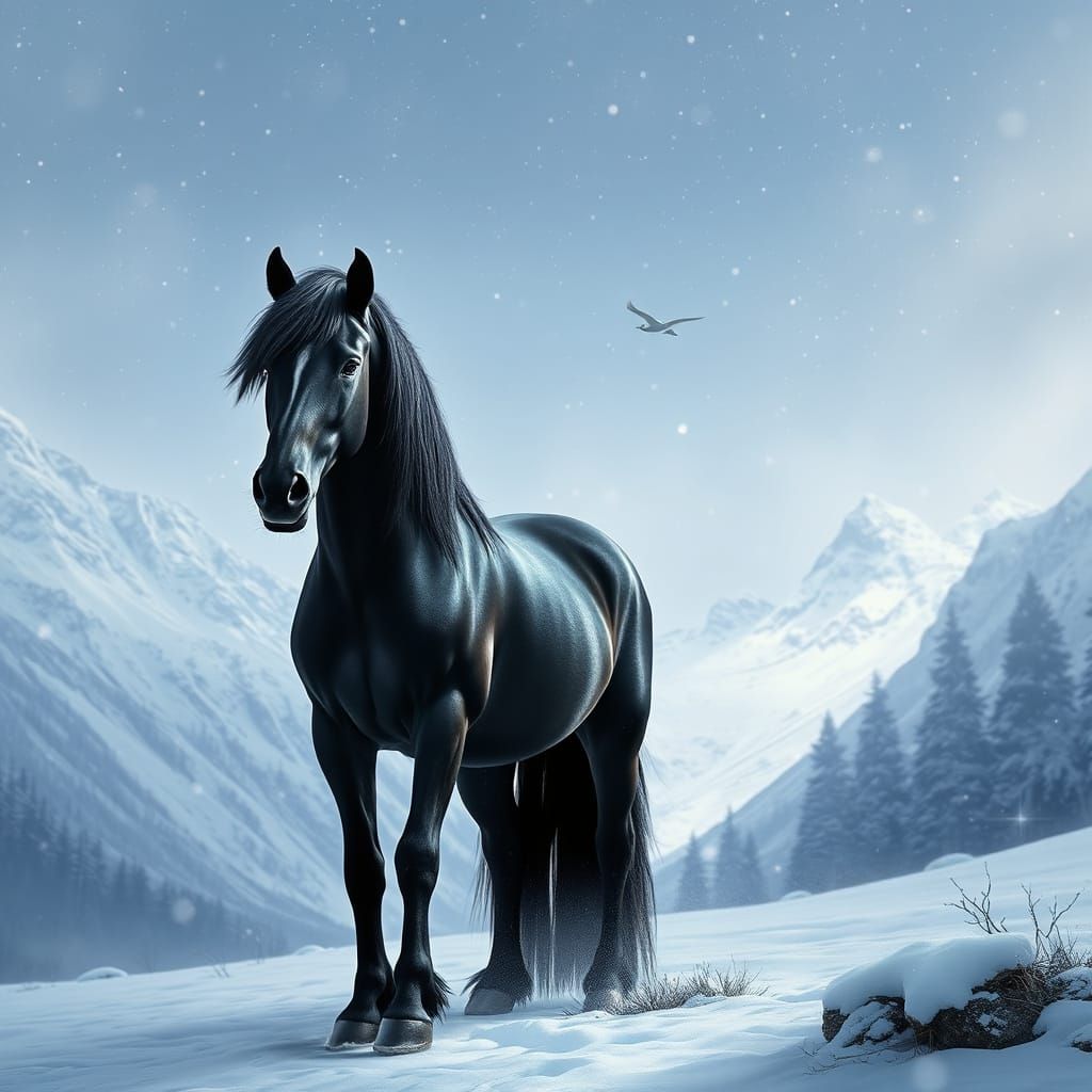 Majestic Black Horse in Snowy Mountain Landscape