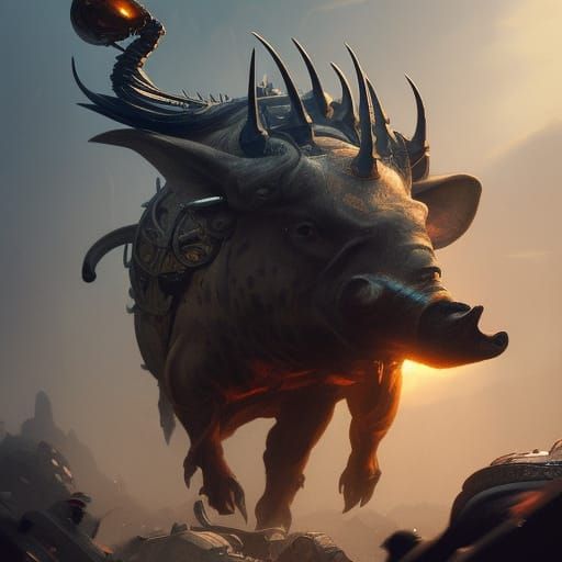 Hyperdetailed Cyborg Boar Attack in Dark Fantasy Style