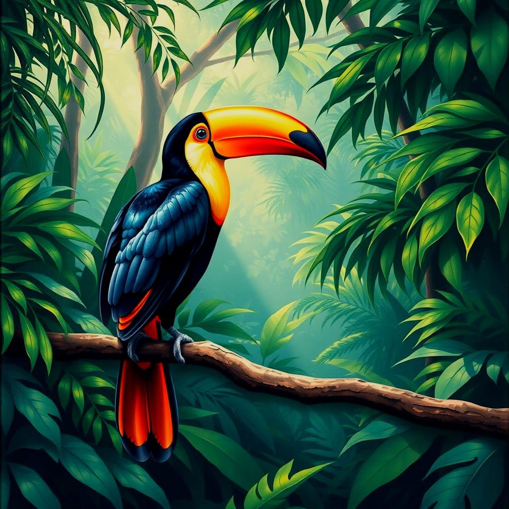 Majestic Toucan in Tropical Rainforest, Vintage Poster Art