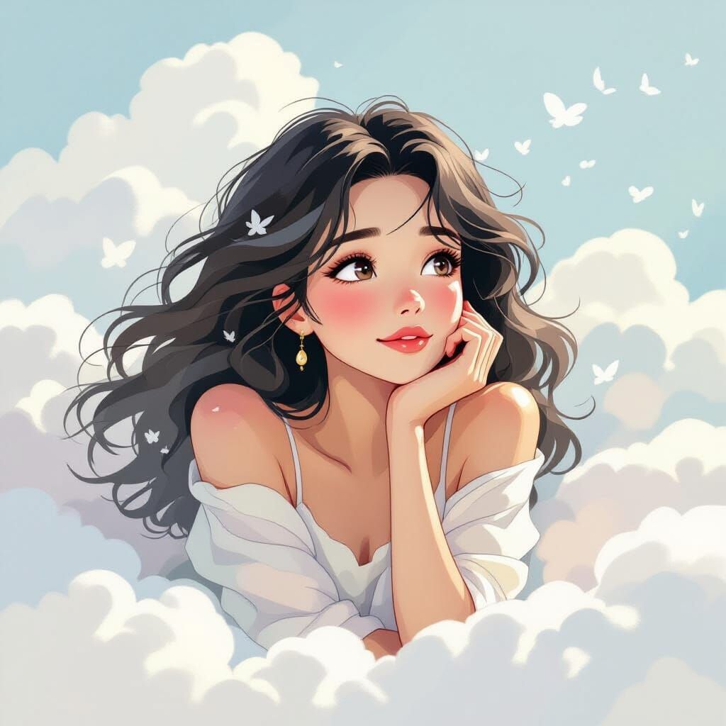 Dreamy Woman Surrounded by Clouds, Watercolor Style