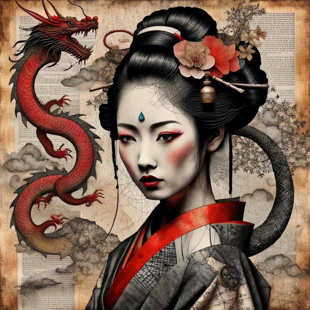 Geisha and Dragon Collage in Mixed Media Style