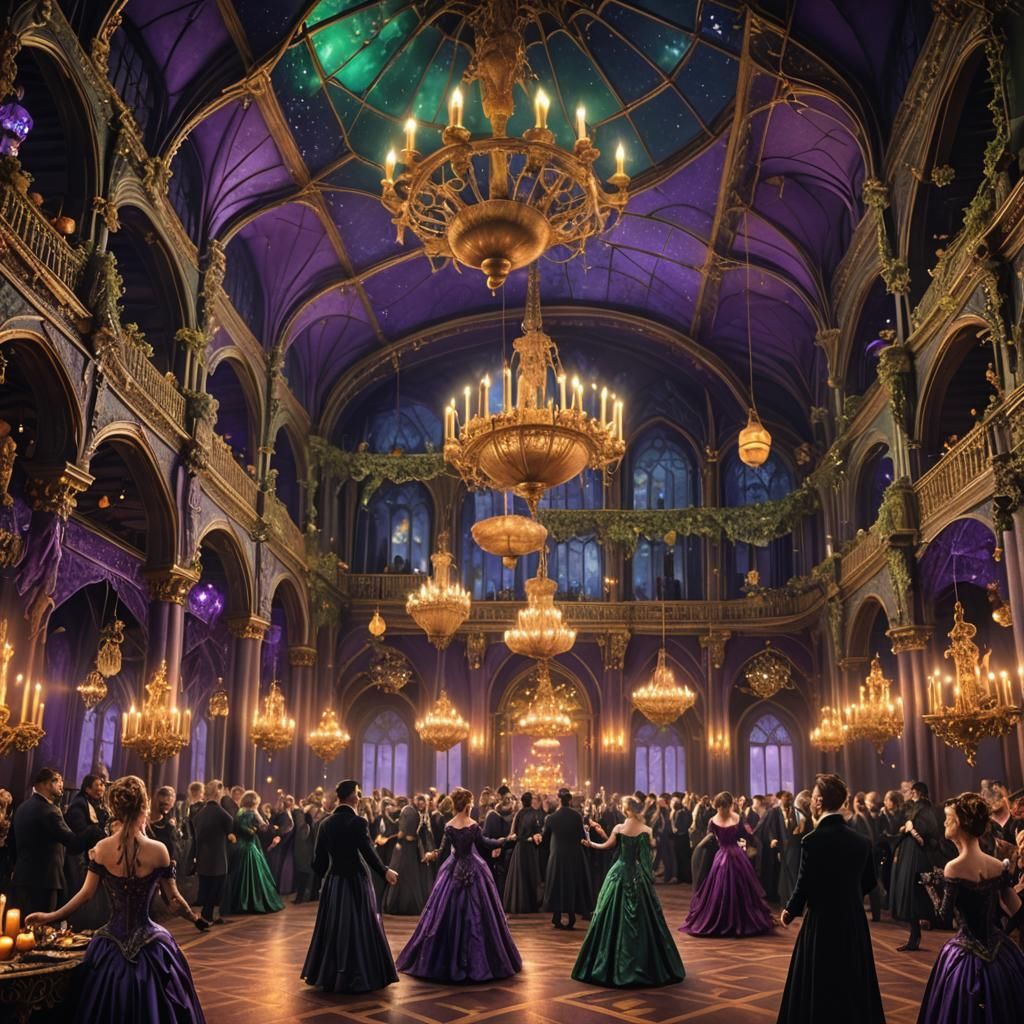 Mysterious Ballroom Dance in Vibrant Fantasy Style