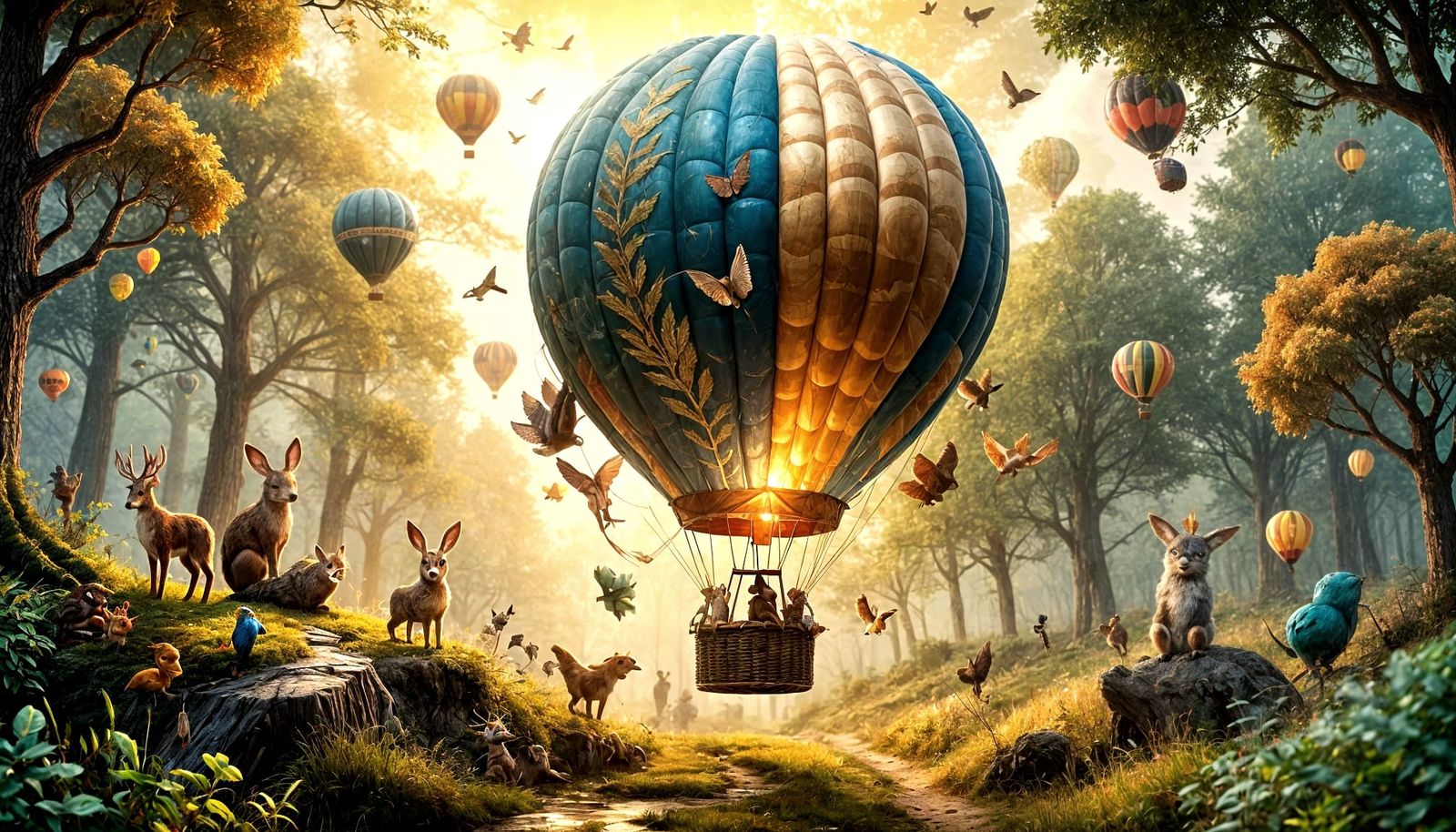 Woodland Creature Hot Air Balloon in Mixed Media