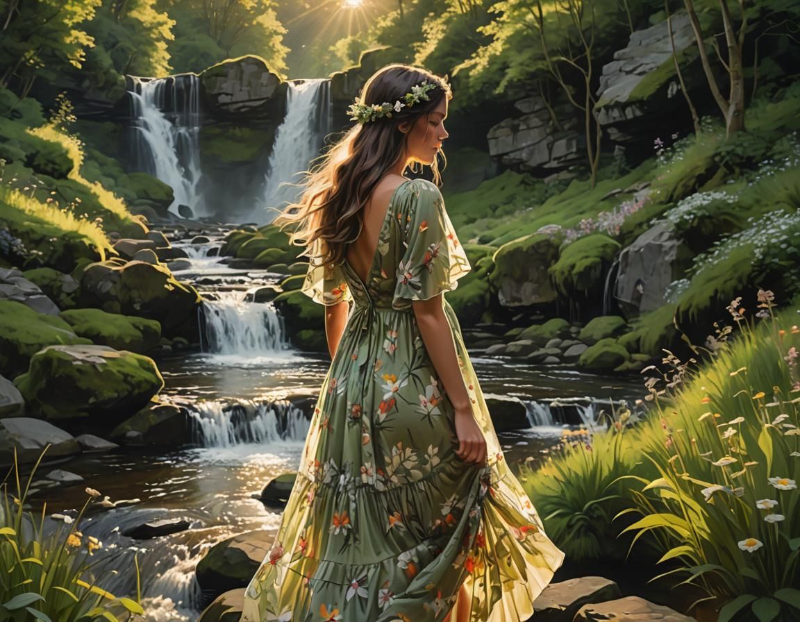 Girl at Serene Waterfall in Golden Sunset Light