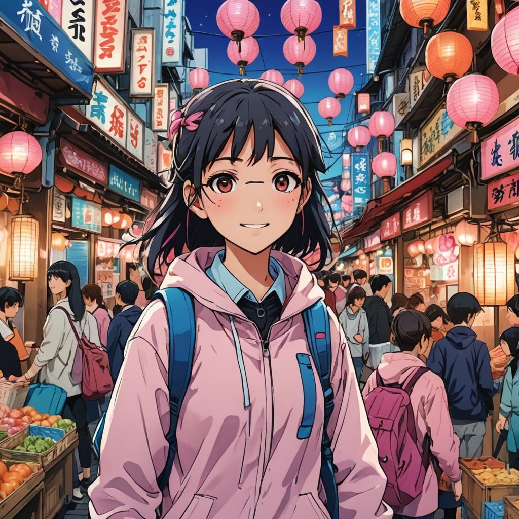 Anime Girl in Tokyo Street Market, Cel-Shaded Style